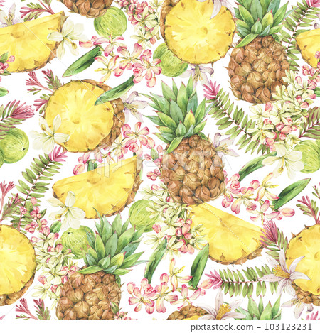 Watercolor Vintage Tropical Summer Fruit Seamless Pattern Pineapple on white 103123231