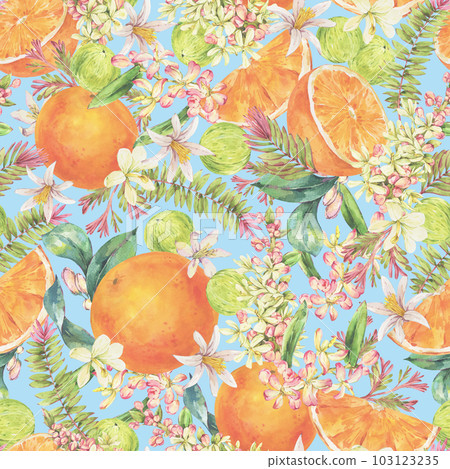 Watercolor Vintage Tropical Summer Fruit Seamless Pattern Orange Flowers on Black Watercolor Vintage Tropical Summer Fruit Seamless Pattern Orange Flowers on Black 103123235