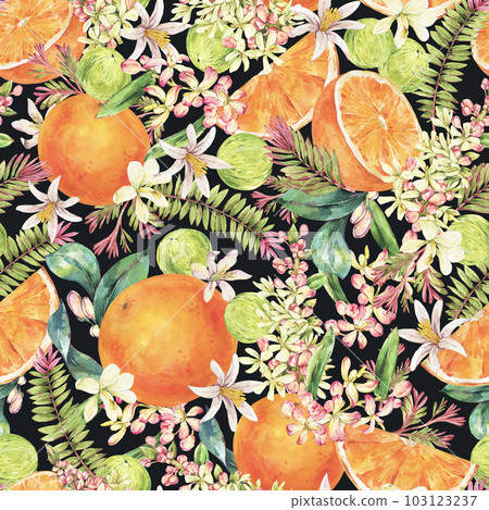 Watercolor Vintage Tropical Summer Fruit Seamless Pattern Orange Flowers on Black Watercolor Vintage Tropical Summer Fruit Seamless Pattern Orange Flowers on Black 103123237