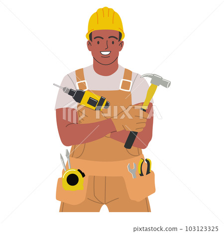 Illustration cartoon style of repairman,standing with arms crossed, confident posture, wearing a worker uniform 103123325