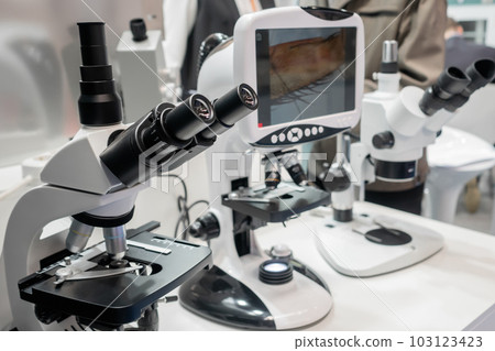 Professional medical microscope in science lab, exhibition 103123423