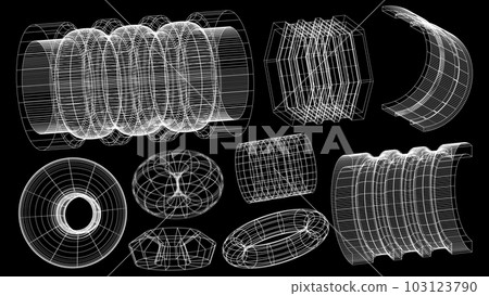 Set of abstract geometric technology elements in cyberpunk style. Retro vintage collection 3d virtual digital design. Texture 80s vr. Futuristic metaverse pattern. Vector isolated template background Set of abstract geometric technology elements in cyberpunk style. Retro vintage collection 3d virtual digital design. Texture 80s vr. Futuristic metaverse pattern. Vector isolated template background 103123790