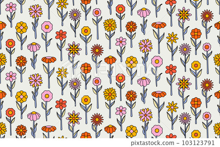 groovy background. Seamless bright repeat pattern of simple blooming flowers in 1970s psychedelic hippie style. graphic decor ornament in retro design. vector illustration 103123791