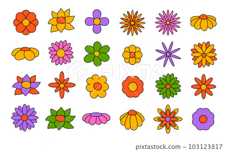 Collection of simple blooming flowers in 1970s psychedelic hippie style. Set of graphic stickers in retro design. groovy background. editable stroke isolated vector illustration 103123817