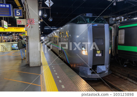 Limited Express Kamui stopping at the platform of Sapporo Station, Hokkaido 103123898