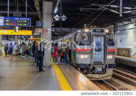 A local train that stops at the platform of Sapporo Station, Hokkaido 103123901
