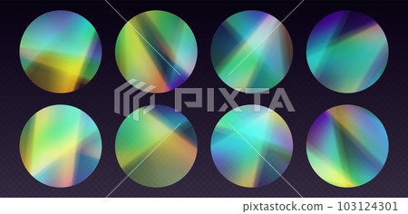 Crystal refraction stickers, leak flare, rainbow sunlight effect, holographic reflections in circle shape. 103124301