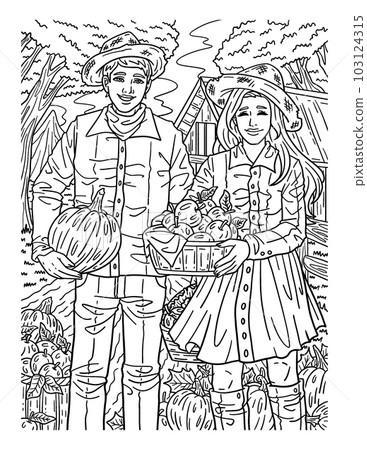 Thanksgiving Man Woman with basket Adults Coloring Thanksgiving Man Woman with basket Adults Coloring 103124315
