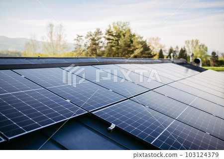 Close up of solar panels on the roof. 103124379