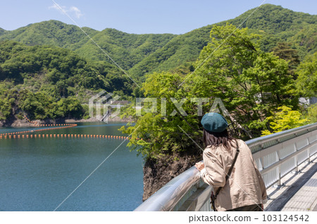 A woman looking at Lake Yatsuba Agatsuma in early summer A woman looking at Lake Yatsuba Agatsuma in early summer 103124542