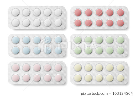 Vector Realistic Round Pharmaceutical Medical Pills, Vitamins, Capsule in Blister Set Closeup Isolated. Pills Design Template, Collection. Front, Top View. Medicine, Health Concept Vector Realistic Round Pharmaceutical Medical Pills, Vitamins, Capsule in Blister Set Closeup Isolated. Pills Design Template, Collection. Front, Top View. Medicine, Health Concept 103124564