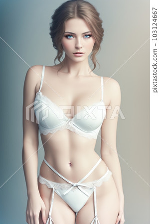beautiful young model in a white bra posing on white studio background 103124667