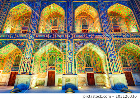 Registan mosaic pattern design background, Samarkand 103126330