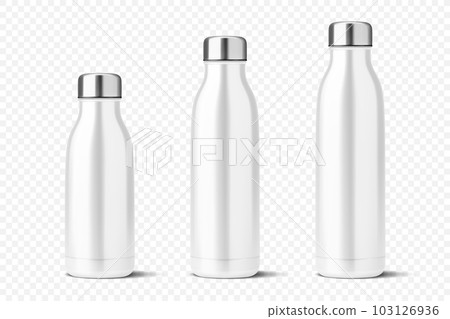 Vector Realistic 3d White Empty Glossy Metal Reusable Water Bottle with Silver Bung Set Closeup Isolated. Design template of Packaging Mockup. Front View 103126936
