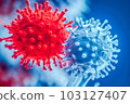 An illustration of a blue-colored virus darting through the bloodstream. Generative Ai 103127407