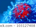 A close-up view of a blue virus diving into the bloodstream. Generative Ai 103127408