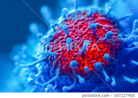 A close-up view of a blue virus diving into the bloodstream. Generative Ai A close-up view of a blue virus diving into the bloodstream. Generative Ai 103127408