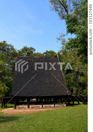 Black Temple's Pavilion with a Large Dark Roof in Thailand Black Temple's Pavilion with a Large Dark Roof in Thailand 103127489