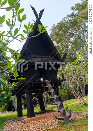 intricate details of the buildings' design and the contrast between their sharp edges and organic surroundings. 103127492