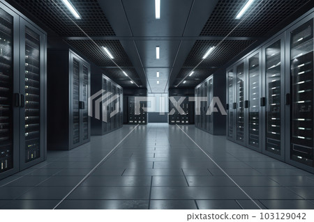 Data center aisle filled with neatly arranged server racks, equipped with the latest hardware and software. The modern infrastructure ensures fast and secure data processing. Is AI Generative. Data center aisle filled with neatly arranged server racks, equipped with the latest hardware and software. The modern infrastructure ensures fast and secure data processing. Is AI Generative. 103129042