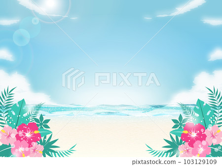 夏季大海和海灘背景圖與藍天(木槿和太陽) 夏季大海和海灘背景圖與藍天(木槿和太陽) 103129109