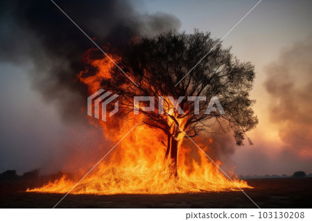 A hot and arid environment, with a burning tree against a dramatic sky, a stunning example of the beauty and power of nature. AI Generative 103130208