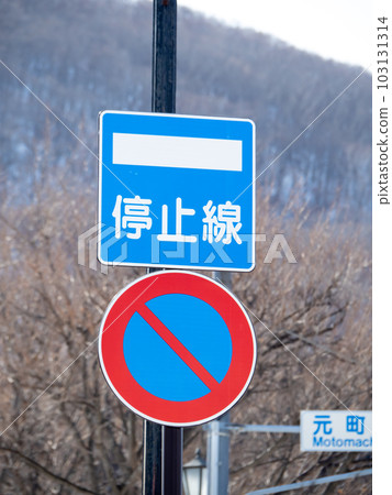 路標。指示標誌“停止線”和監管標誌“禁止停車”。 （垂直構圖） 103131314