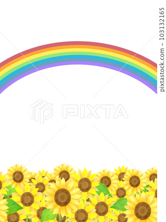 Summery illustration background material with lots of sunflowers and a rainbow 103132165
