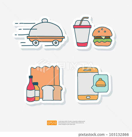 Food Bag, Phone Order, Burger Doodle. Set of Food Delivery Service Related Doodle Sticker Vector Illustration 103132866