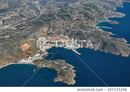 Gas power station with tall chimneys aerial view 103133296