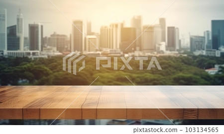 Wood table top on blur glass window wall building background. Generative AI Wood table top on blur glass window wall building background. Generative AI 103134565