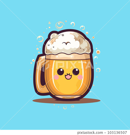 Happy beer cartoon character on blue pastel background Happy beer cartoon character on blue pastel background 103136507