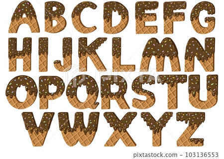 A brown abc letter coated with chocolate on top, on a white scene, is used to decorate as a word. 103136553