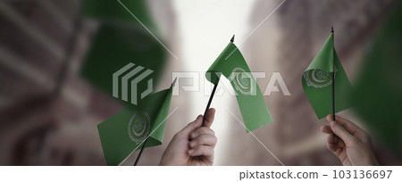 A group of people holding small flags of the Arab League in their hands A group of people holding small flags of the Arab League in their hands 103136697