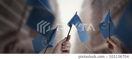 A group of people holding small flags of the Food and agriculture organization in their hands 103136704
