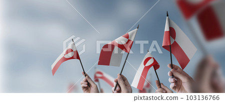 A group of people holding small flags of the Greenland in their hands 103136766