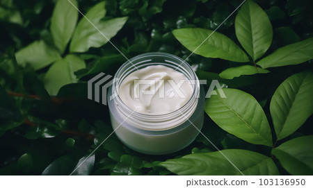 Jar of natural cosmetic face or body cream on green leaf with drops of water. Nurural, bio cosmetics from herbs and plants for skin. Jar of natural cosmetic face or body cream on green leaf with drops of water. Nurural, bio cosmetics from herbs and plants for skin. 103136950
