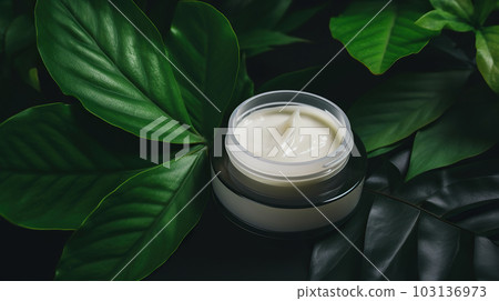 Jar of natural cosmetic face or body cream on green leaf with drops of water. Nurural, bio cosmetics from herbs and plants for skin. Jar of natural cosmetic face or body cream on green leaf with drops of water. Nurural, bio cosmetics from herbs and plants for skin. 103136973