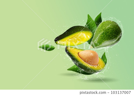 Green ripe avocado on a green background and Water splashing 103137007