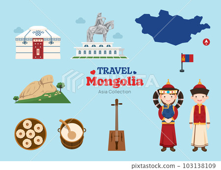 Travel Mongol flat icons set. Mongolia element icon map and landmarks symbols and objects collection. Vector Illustration Travel Mongol flat icons set. Mongolia element icon map and landmarks symbols and objects collection. Vector Illustration 103138109