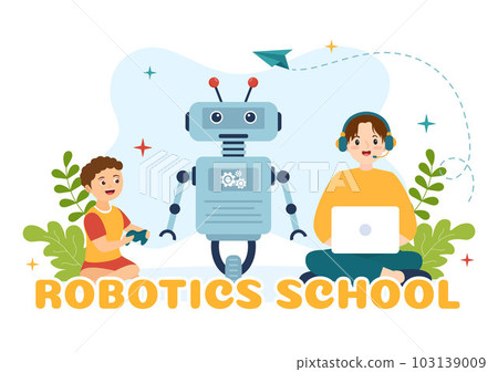 Robotics School Vector Illustration with Kids Robotic Project to Programming and Engineering Robot in Flat Cartoon Hand Drawn Landing Page Templates 103139009