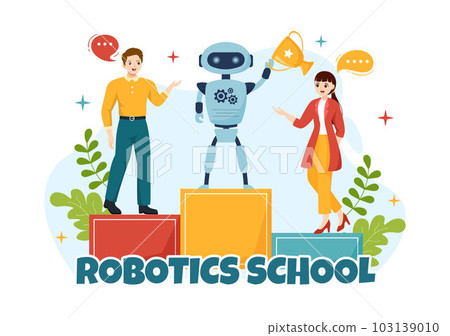 Robotics School Vector Illustration with Youth Robotic Project to Programming and Engineering Robot in Cartoon Hand Drawn Landing Page Templates 103139010