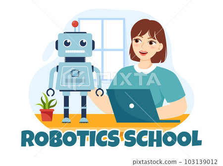 Robotics School Vector Illustration with Youth Robotic Project to Programming and Engineering Robot in Cartoon Hand Drawn Landing Page Templates 103139012