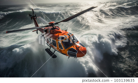 Red rescue helicopter lifts people out of a stormy sea. 103139635
