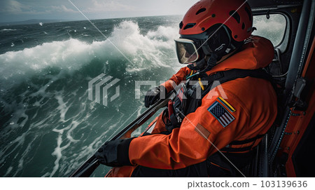 Lifeguard officer preparing to land from helicopter in rough seas to rescue those in distress Lifeguard officer preparing to land from helicopter in rough seas to rescue those in distress 103139636