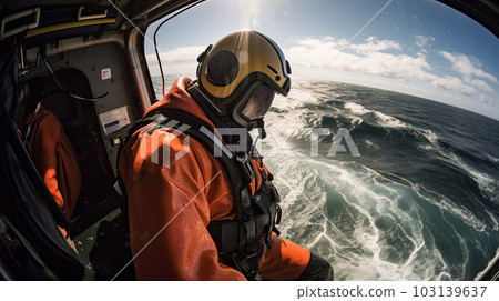Lifeguard officer preparing to land from helicopter in rough seas to rescue those in distress 103139637
