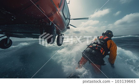 Rescue team descending from a helicopter at a ship in distress. Rescue team descending from a helicopter at a ship in distress. 103139665