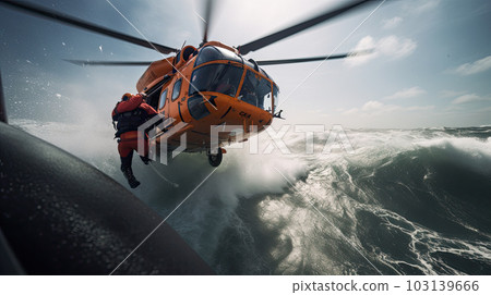 Rescue team descending from a helicopter at a ship in distress. Rescue team descending from a helicopter at a ship in distress. 103139666