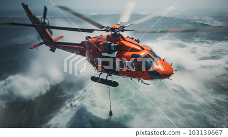Rescue team descending from a helicopter at a ship in distress. 103139667