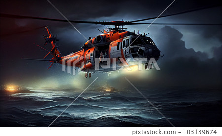 lifeguard descend from helicopter on ship at blue sea 103139674